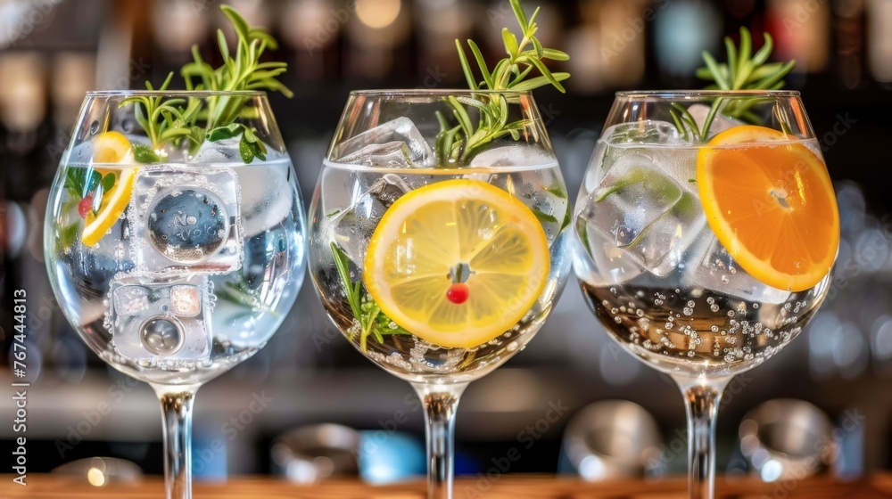  three wine glasses filled with different types of drinks and garnished with lemons, blueberries, and rosemary.