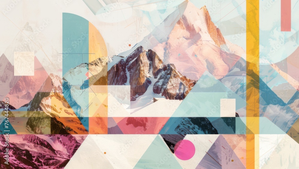 Abstract collage of geometric shapes and colorful patterns on top, surrounded stylized mountain peaks with snowcapped rocks Generative AI