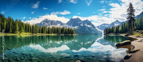A serene lake reflecting the majestic mountains and the clear blue sky, with lush trees lining the shore. A picturesque natural landscape perfect for travel and relaxation
