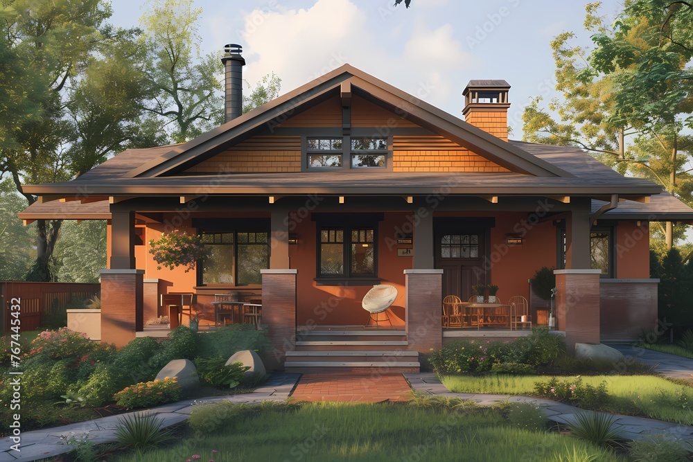 A cozy craftsman bungalow facade adorned with warm peach tones, nestled in a peaceful countryside setting.