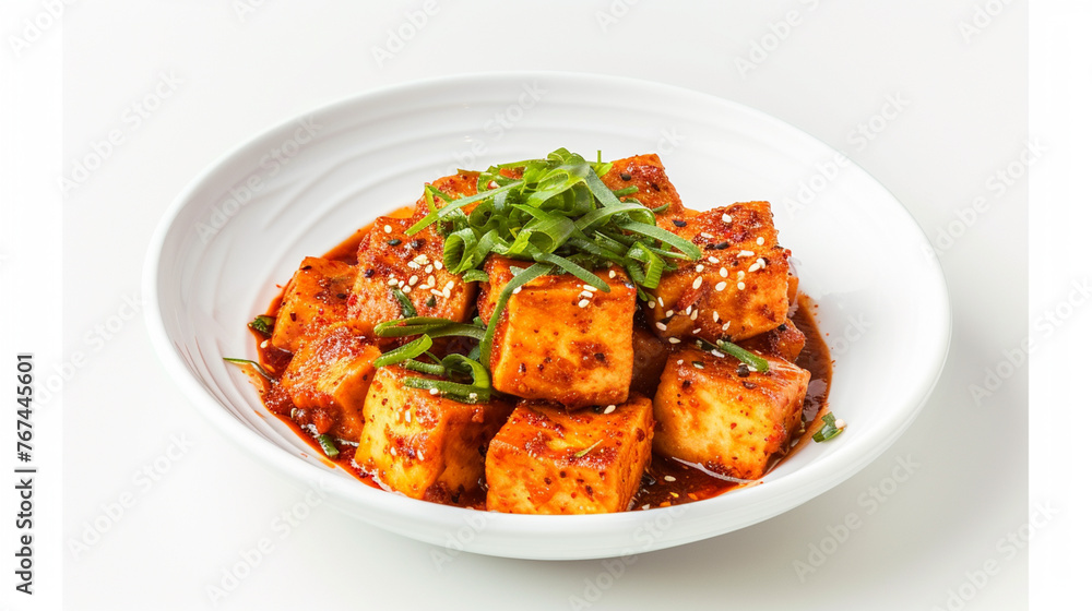 Korean side dish, spicy braised tofu Dubu Jorim on white background. Generative Ai Korean side dish, spicy braised tofu Dubu Jorim on white background. Generative Ai