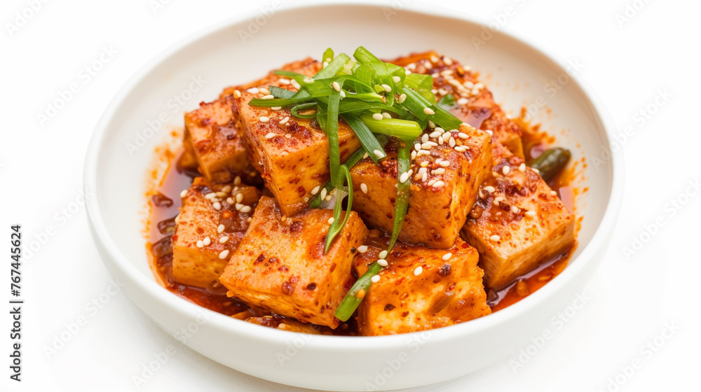 Korean side dish, spicy braised tofu Dubu Jorim on white background. Generative Ai Korean side dish, spicy braised tofu Dubu Jorim on white background. Generative Ai