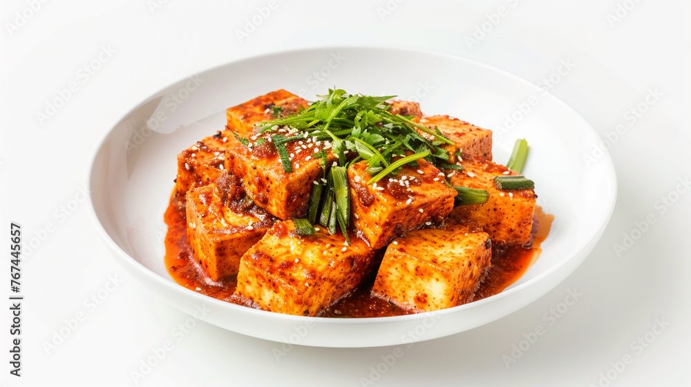 Korean side dish, spicy braised tofu on white background. Generative Ai Korean side dish, spicy braised tofu on white background. Generative Ai