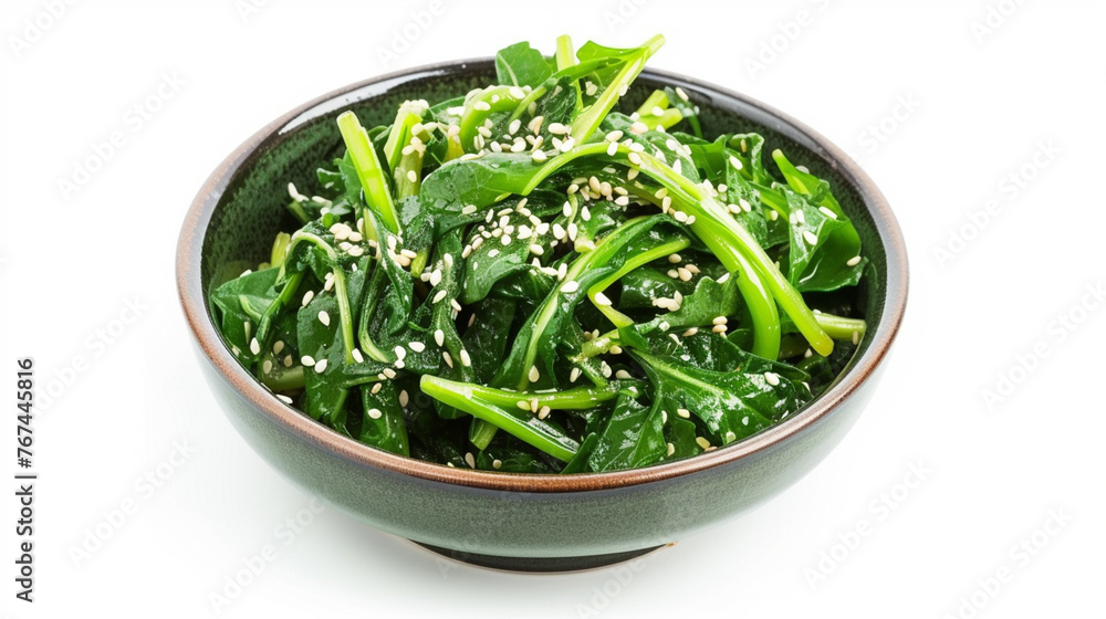 Korean spinach salad Sigeumchi namul on white background . Generative Ai