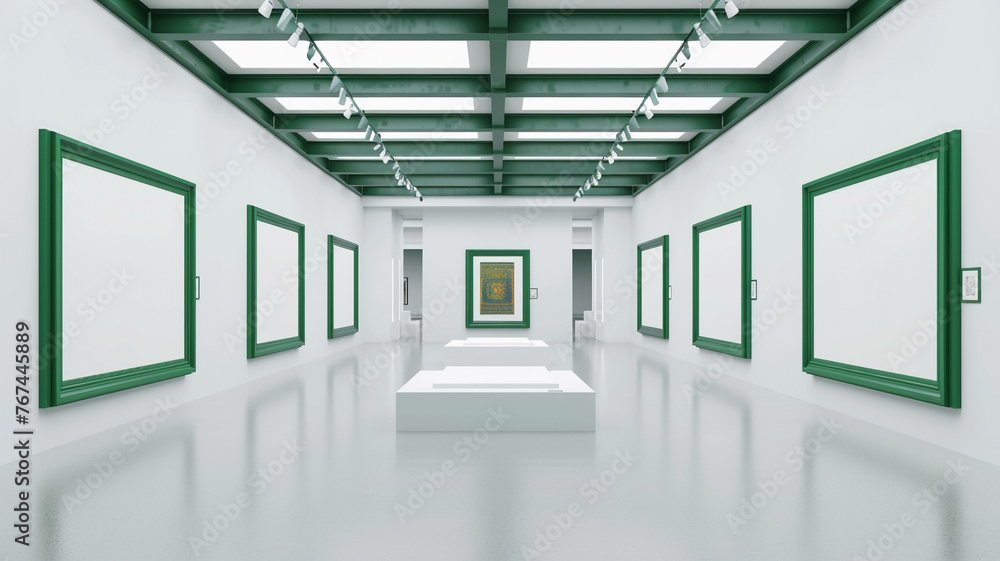 An expansive white art gallery displaying empty blank mock-up posters in rich, forest green frames. The deep green frames add a touch of nature's serenity to the gallery, 