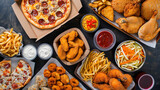 large table of assorted take out food such as pizza, french fries, onion rings. Generative Ai