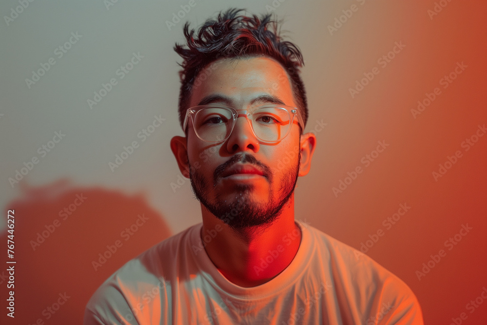 a portrait photo of man with short black hair and short beard and transparent glasses, orange to gray gradient background a portrait photo of man with short black hair and short beard and transparent glasses, orange to gray gradient background
