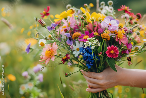 a child's hand holding a freshly-picked bouquet of wildflowers