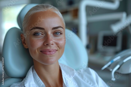 Relaxed post-chemo smile: woman in white coat