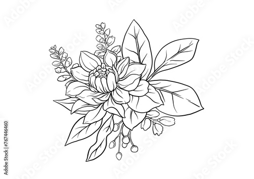 Boutonniere of wild rose flowers and berries Clip art, set of elements for design Outline hand drawing vector illustration. In botanical style