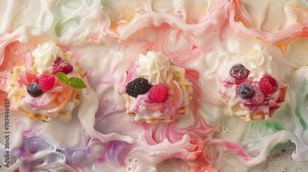a close up of three desserts on a plate with icing and raspberries on top of them. a close up of three desserts on a plate with icing and raspberries on top of them.