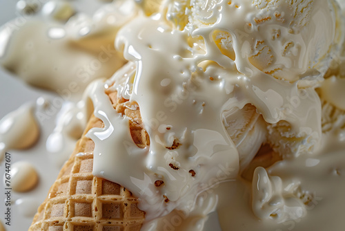  melting ice cream cone, capturing the drips of creamy sweetness as they cascade down the cone