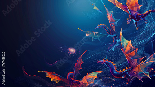 Abstract flying dragons on a dark blue background. Technological background 
