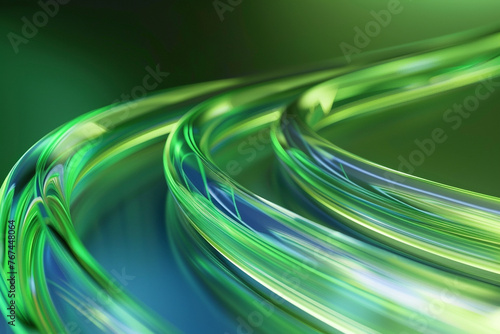 Abstract, line swoosh forms, sharp focus, green and blue light going different directions, green background, Transparente, iridiscente, circular, transl??cidos