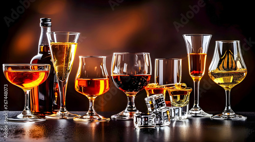Assortment of Glasses with Different Alcoholic Beverages in Dark Tones