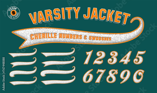 A collection of letter jacket style numbers and swooshes. A script font numeral set with the effect of puffy chenille fabric patches.
