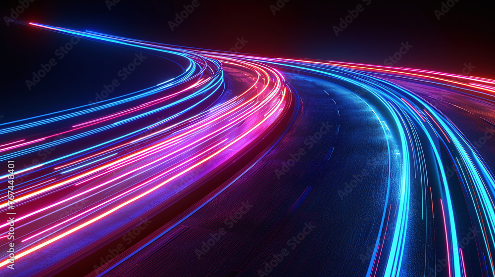 Neon Light Trails on Curved Roadway
Neon Light Trails on Curved Roadway