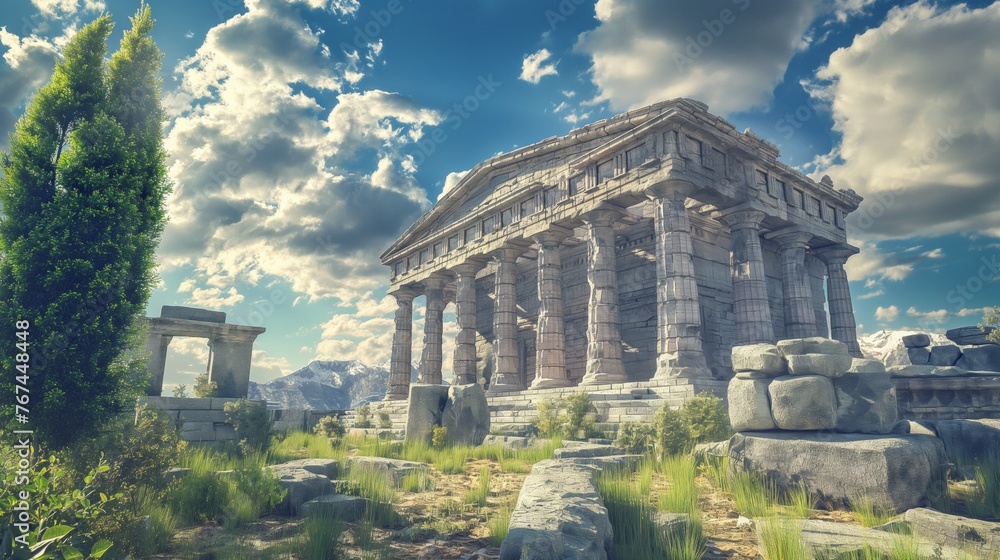 3D illustration of Roman ancient greek temple with clouds background.
