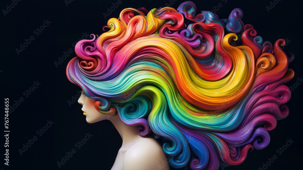 Illustration of a woman in profile with hair comprised of a rainbow of colors.