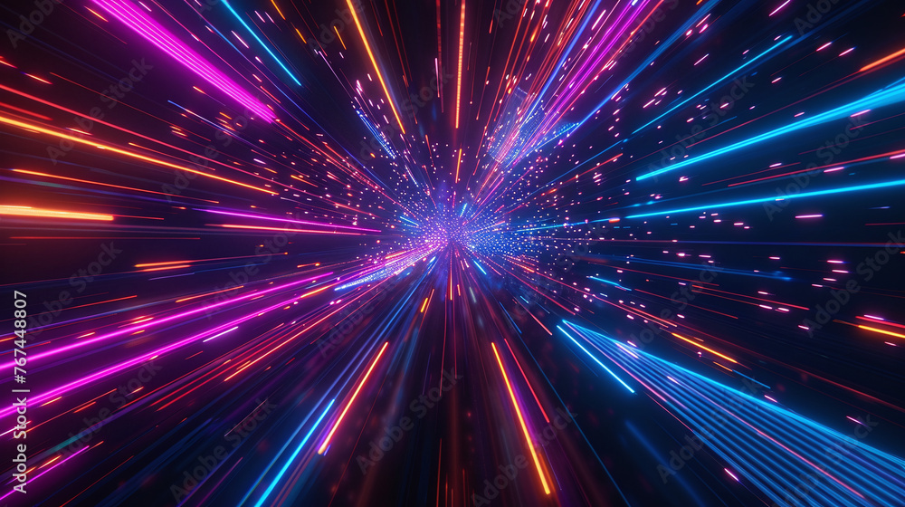 Dynamic burst of colorful light streaks creating a sense of high-speed motion through space, evoking a futuristic, sci-fi feel.
Dynamic burst of colorful light streaks creating a sense of high-speed motion through space, evoking a futuristic, sci-fi feel.