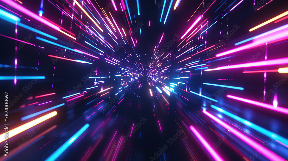 Vivid neon lights create a dynamic tunnel effect, simulating high-speed movement through a futuristic and vibrant space.
Vivid neon lights create a dynamic tunnel effect, simulating high-speed movement through a futuristic and vibrant space.
