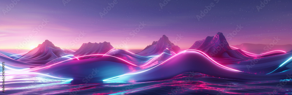 Neon Waves and Mountains in Futuristic Landscape
