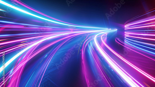 Dynamic neon light trails create a vibrant, futuristic scene on a dark road, representing speed and technology. 