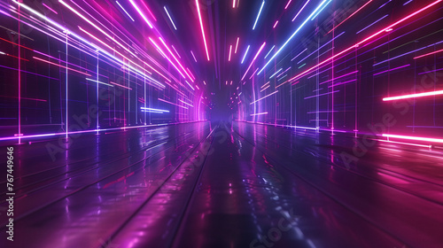 A vibrant scene featuring neon lights streaming through a futuristic tunnel, creating a dynamic and colorful visual effect. 