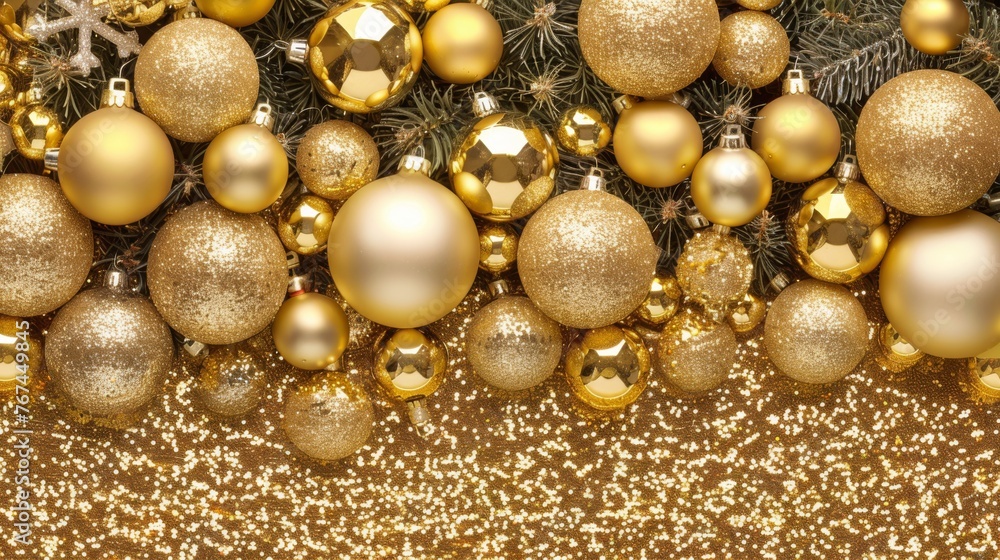 a group of gold christmas ornaments hanging from a christmas tree with a gold glittered wall in the background and snowflakes in the foreground. a group of gold christmas ornaments hanging from a christmas tree with a gold glittered wall in the background and snowflakes in the foreground.