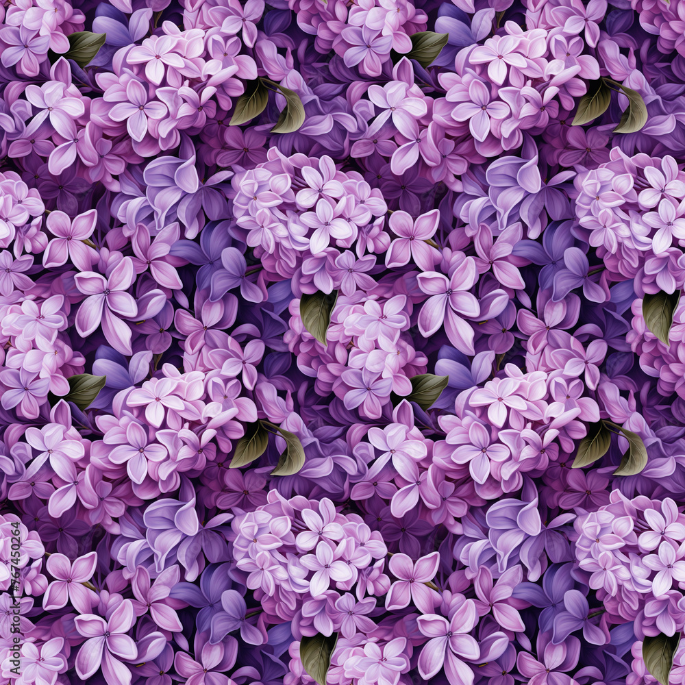 Seamless pattern with drawn lilac branches. Beautiful purple flowers