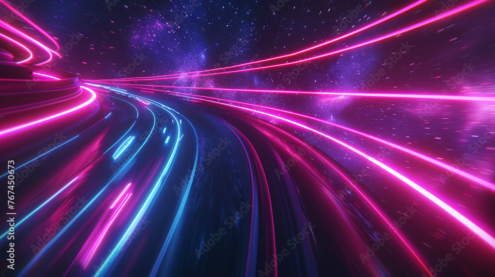 A mesmerizing scene of a neon-lit virtual highway under a star-filled sky, blending concepts of space travel and digital art A mesmerizing scene of a neon-lit virtual highway under a star-filled sky, blending concepts of space travel and digital art