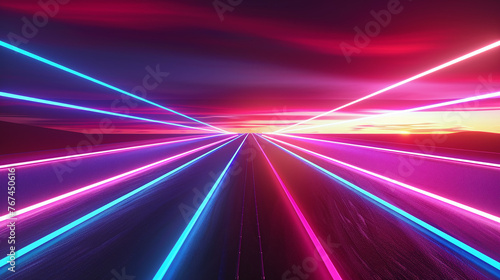 Captivating neon trails stretch towards a sunset horizon  blending the serene beauty of dusk with the vibrancy of a digital world