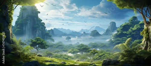 A natural landscape painting depicting a lush green forest with mountains in the background under a clear blue sky with fluffy cumulus clouds