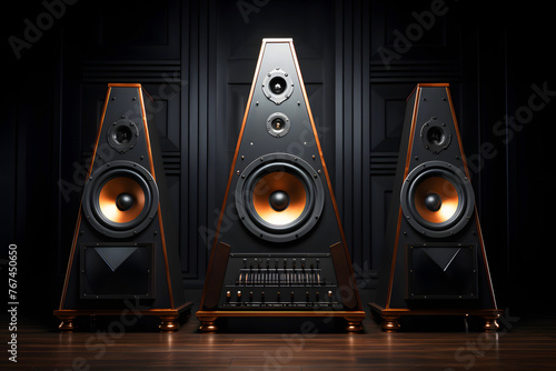 modern stereo audio speakers for listening to music. wideband sound system. professional audio frequency sound photo