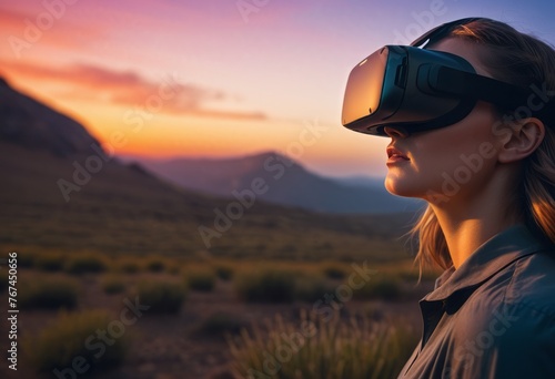 A woman stands in nature using a virtual reality headset. © kotlyarn