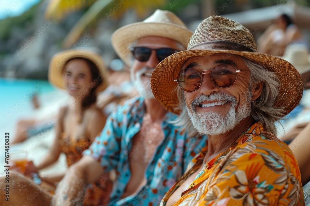 Joyful seniors in vibrant attire enjoy beachside leisure with refreshing beverages.