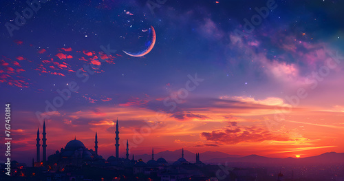 A tranquil and peaceful night sky with stars, moon, and an Islamic sunset.