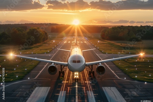 The plane stands on the runway in the rays of the setting sun.