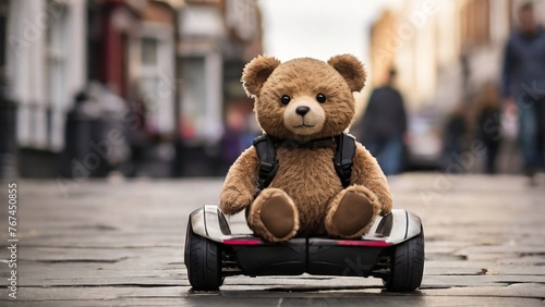 teddy bear sitting on the Hoverboard. Brown Teddy bear.