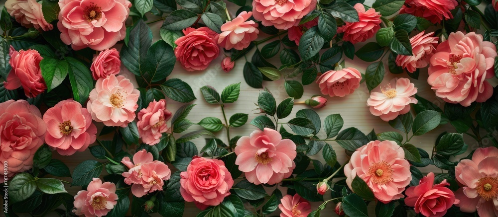 custom made wallpaper toronto digitalArrangement of flowers in a frame, consisting of pink flowers and leaves, captured from a top-down perspective.