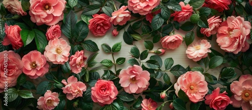 Arrangement of flowers in a frame, consisting of pink flowers and leaves, captured from a top-down perspective.