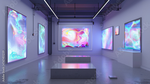 A futuristic avant-garde gallery where empty frame mockups are enhanced with augmented reality, projecting digital art that can only be seen through special glasses provided at the entrance. photo