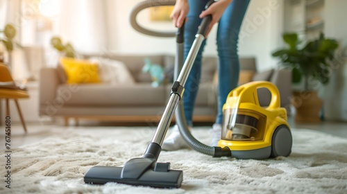 Close-up of vacuum cleaner in use on a cozy living room carpet. House cleaning concept with modern appliance. Tidy home environment. Regular maintenance routine. AI