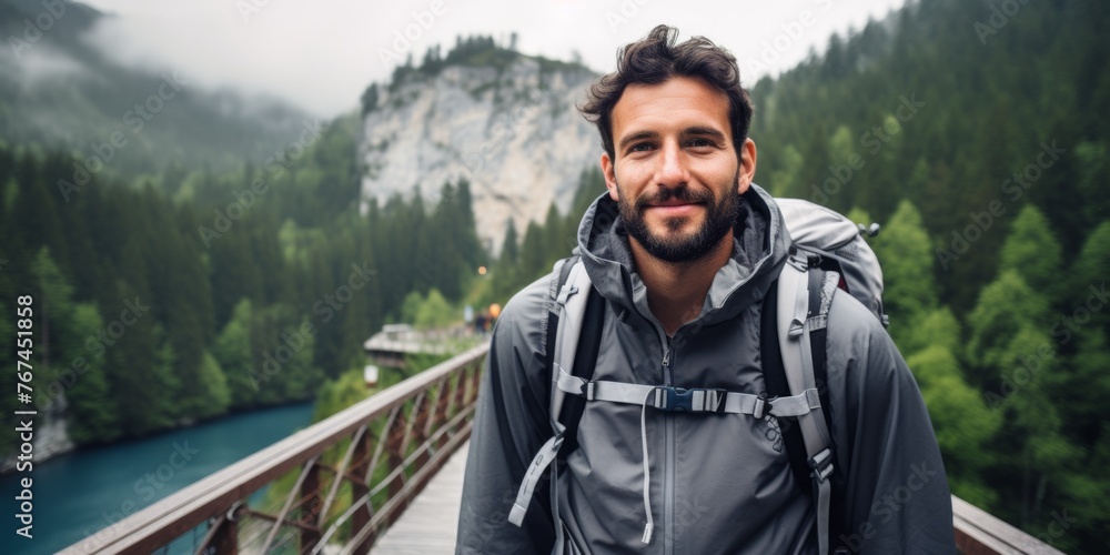 A male tourist stands on a mountain bridge in the Alps. Generative AI. A male tourist stands on a mountain bridge in the Alps. Generative AI.