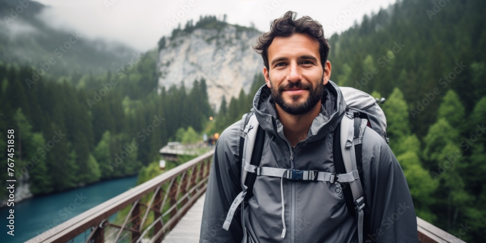 A male tourist stands on a mountain bridge in the Alps. Generative AI.