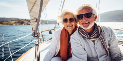 Relaxed of senior couple sailing luxury yacht. Generative AI.