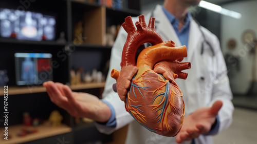 doctor holding a heart model, medical photo