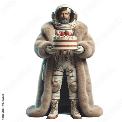astronaut in fur coat with cake  isolated on transparent background - Generative AI