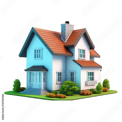 3D House clipart on white background . 3D rendering of a floating house in shades of Orange and cyan color, isolated on white background. Illustration © Khansa