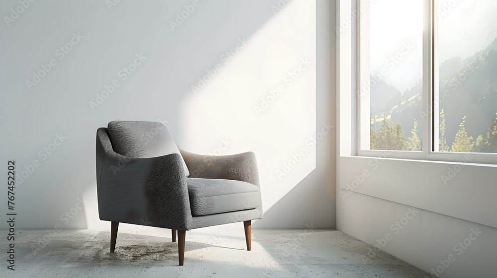 Minimalist interior design with a single modern chair by a bright window. Stylish simplicity in a spacious room. Ideal for contemporary decor themes. AI Minimalist interior design with a single modern chair by a bright window. Stylish simplicity in a spacious room. Ideal for contemporary decor themes. AI